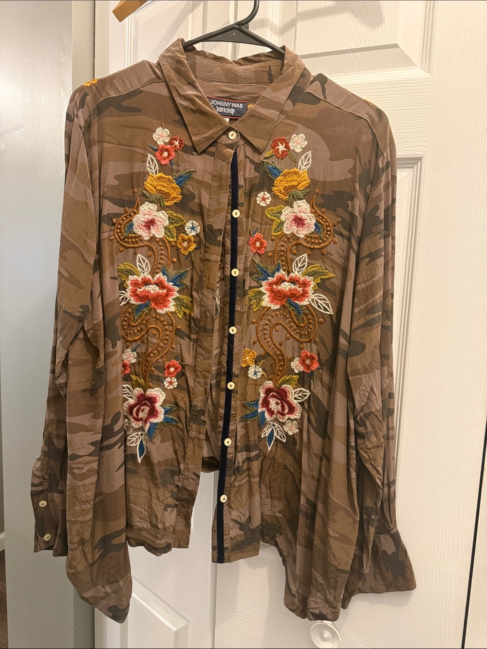 Johnny Was Brown Camo Button-Down Shirt with Multicolor Floral Embroidery